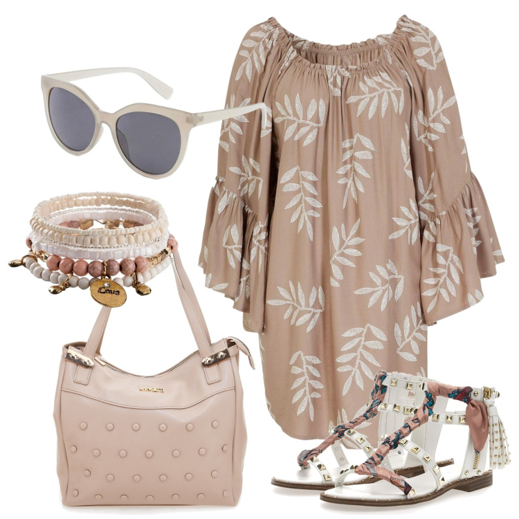 Outfit donna - Comoda e bellissima. Stile Boho per Mare. Abbinamento con occhiali da sole, vestiti da spiaggia, braccialetti con ciondoli, sandali, shopping bag.