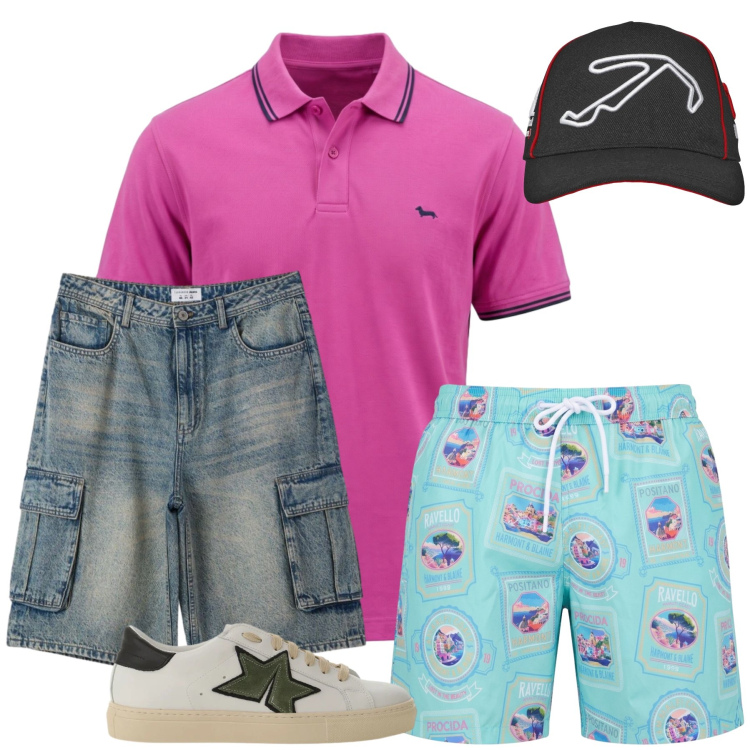 Outfit uomo - Total look #2430203. Stile Casual per Mare. Abbinamento con cappelli con visiera, pantaloni corti, polo, costumi, sneakers.