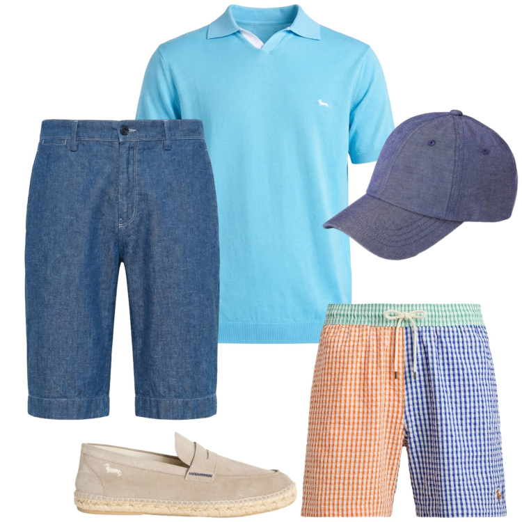 Outfit uomo - Total look #2430204. Stile Casual per Mare. Abbinamento con polo, espadrillas, bermuda, costumi, cappelli con visiera.