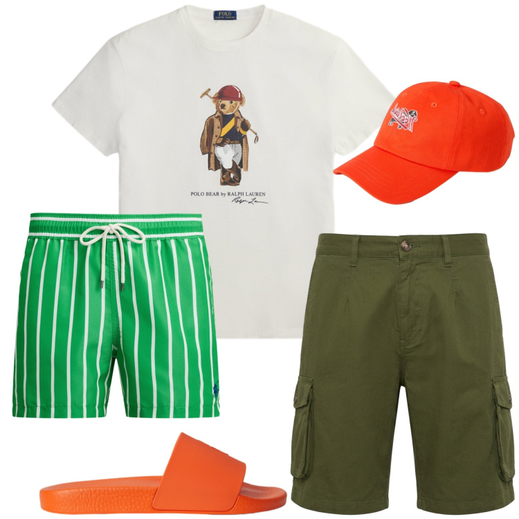 Outfit uomo - Total look #2430205. Stile Casual per Mare. Abbinamento con bermuda, t-shirt, sandali, costumi, cappelli con visiera.