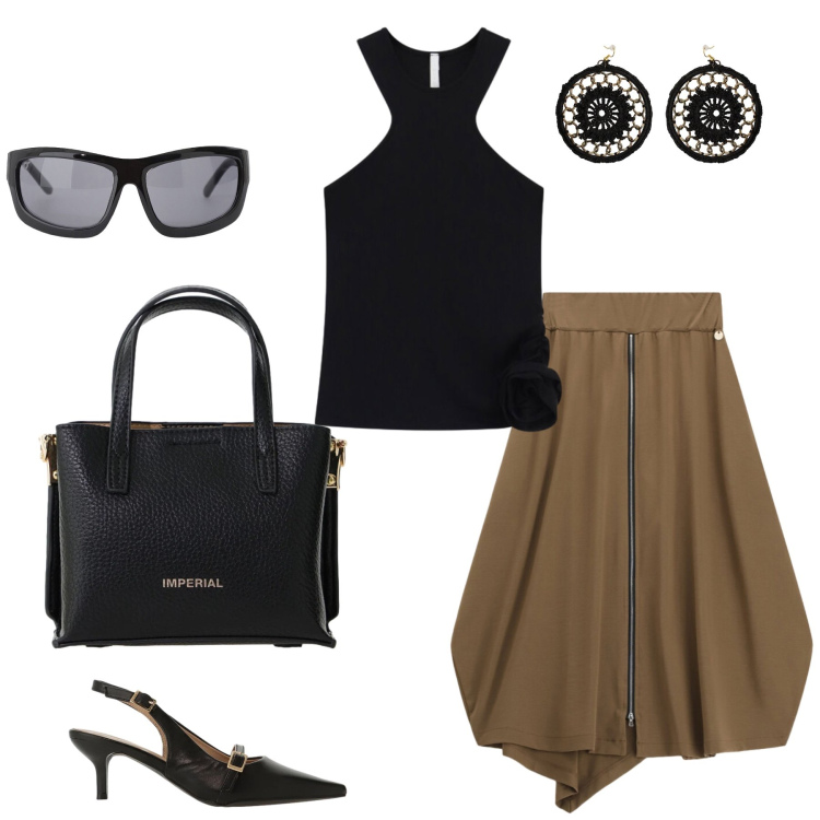 Outfit donna - Total look #2430207. Stile Casual chic per Serata fuori. Abbinamento con orecchini, gonne longuette, top, occhiali da sole, sandali col tacco, borse a tracolla.
