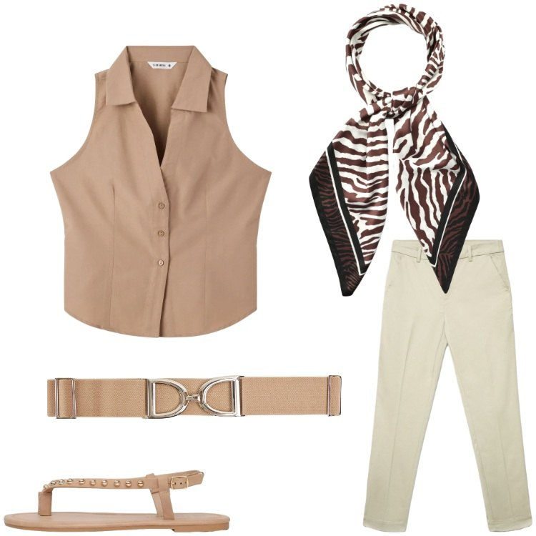Outfit donna - Semplice. Stile Casual per Tutti i giorni. Abbinamento con top, cinture, foulard, ciabatte, pantaloni skinny.