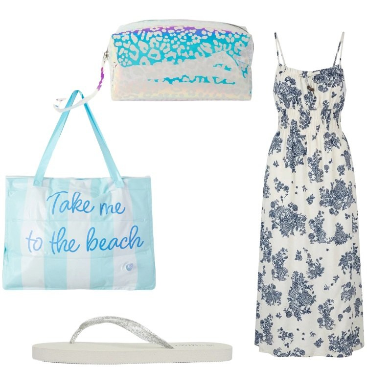 Outfit donna - Al mare. Stile Basic per Mare. Abbinamento con borse tote, pochette, infradito, vestiti lunghi.