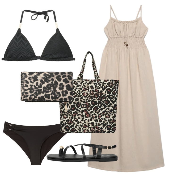 Outfit donna - Mercatini estivi. Stile Basic per Mare. Abbinamento con vestiti lunghi, sandali, bikini, shopping bag, portafogli, bikini.