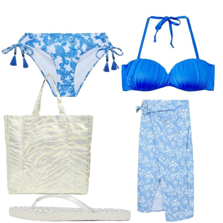 Outfit donna - Beach club. Stile Basic per Mare. Abbinamento con vestiti da spiaggia, shopping bag, infradito, bikini, bikini.