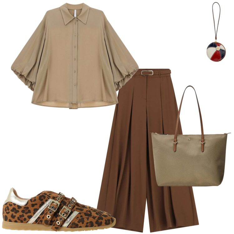 Outfit donna - Italian Summer. Stile Casual chic per Ufficio. Abbinamento con camicie, pantaloni a palazzo, sneakers, portachiavi, borse tote.
