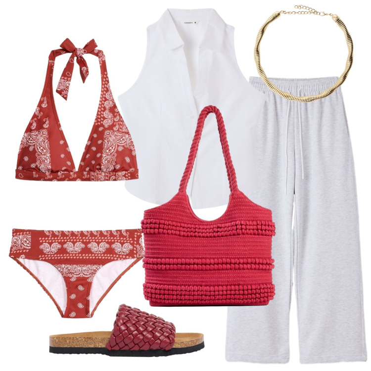 Outfit donna - Weekend al mare. Stile Casual chic per Mare. Abbinamento con ciabatte, bikini, shopping bag, pantaloni, top, collane.