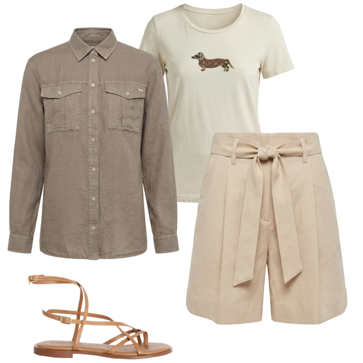 Outfit donna - Harmont & Blaine. Stile Casual chic per Tutti i giorni. Abbinamento con bermuda, sandali in pelle, t-shirt, camicie.