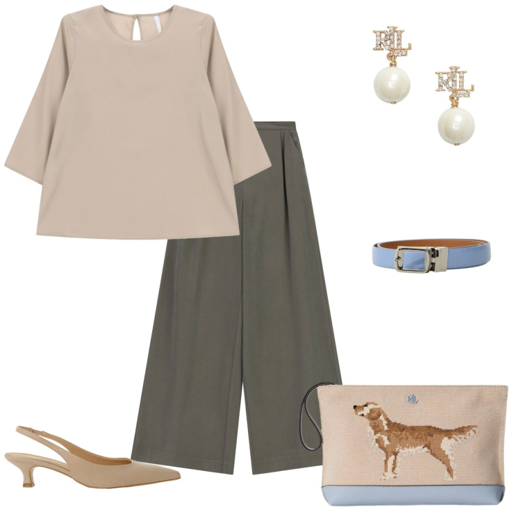 Outfit donna - Total look #2430221. Stile Casual chic per Tutti i giorni. Abbinamento con bluse, pantaloni a palazzo, cinture, décolleté, orecchini, pochette.