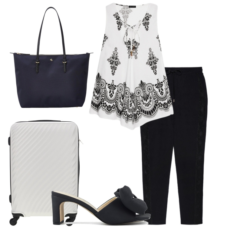 Outfit donna - Fiorella Rubino. Stile Urban per Mare. Abbinamento con canottiere, pantaloni, borse tote, sandali col tacco, valigie.