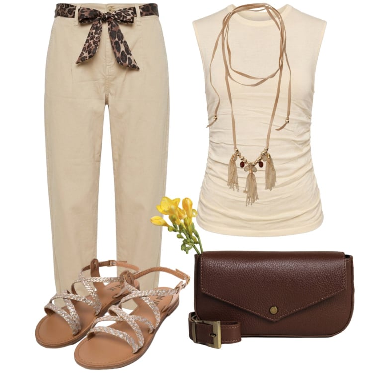 Outfit donna - Total look #2430223. Stile Trendy per Tutti i giorni. Abbinamento con collane, borse a tracolla, canottiere, sandali in pelle, pantaloni.