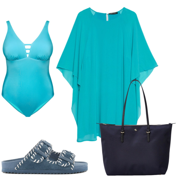 Outfit donna - Blu mare. Stile Casual chic per Mare. Abbinamento con vestiti corti, costumi interi, borse tote, ciabatte.