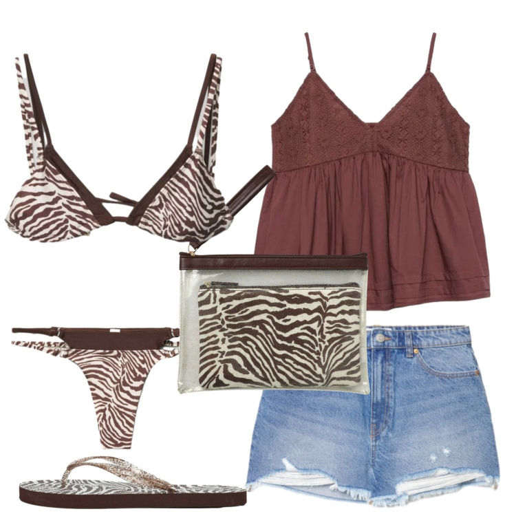 Outfit donna - Zebrato. Stile Basic per Mare. Abbinamento con pochette, canottiere, infradito, shorts, bikini, bikini.