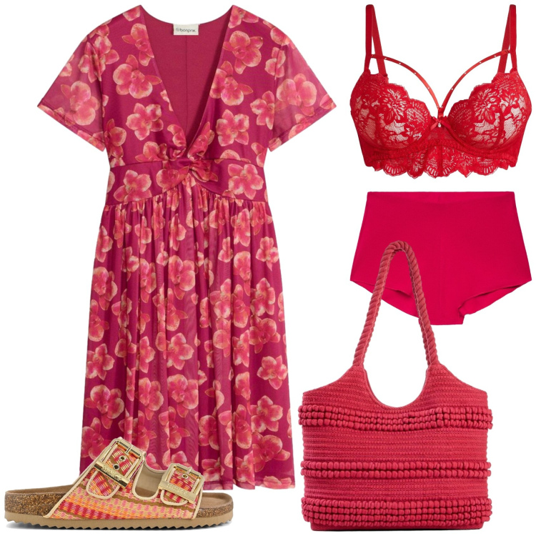 Outfit donna - Rosso estivo. Stile Casual chic per Tutti i giorni. Abbinamento con reggiseni, vestiti, shopping bag, culotte, sandali.