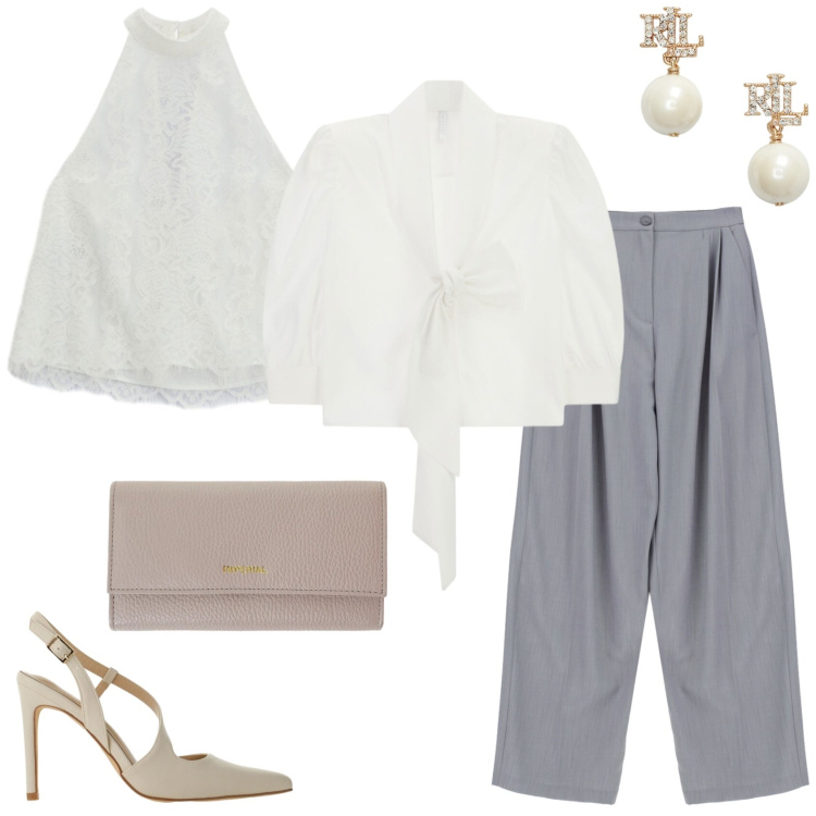 Outfit donna - Giorno e apericena. Stile Chic per Tutti i giorni. Abbinamento con top, décolleté, pantaloni a palazzo, portafogli, camicie, orecchini.