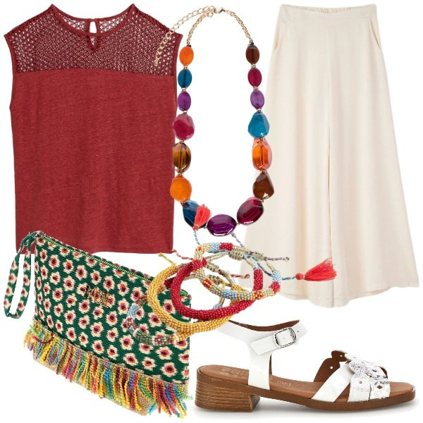 Outfit donna - Summer Sale Style. Stile Glamour per Serata fuori. Abbinamento con top, braccialetti, pantaloni, collane, sandali col tacco, pochette.