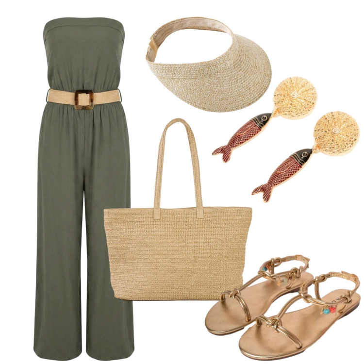 Outfit donna - Total look #2430238. Stile Casual per Tutti i giorni. Abbinamento con cappelli con visiera, shopping bag, orecchini, sandali in pelle, tute.