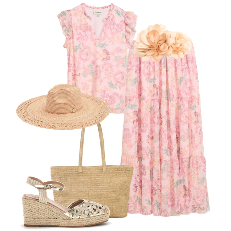 Outfit donna - Rosa floreale. Stile Romantica per Tutti i giorni. Abbinamento con bluse, gonne lunghe, shopping bag, cappelli, cinture, zeppe.