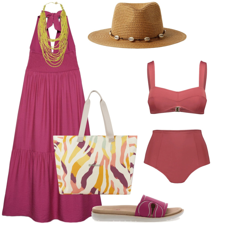 Outfit donna - Total look #2430241. Stile Etnico per Mare. Abbinamento con vestiti lunghi, cappelli, collane, shopping bag, bikini, ciabatte.