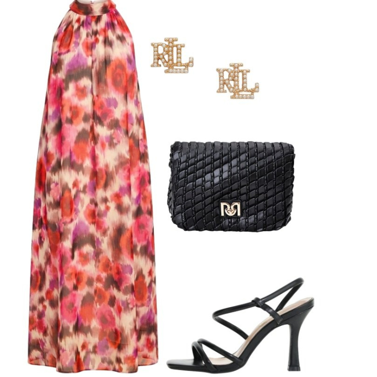 Outfit donna - Abito da cocktail. Stile Chic per Tutti i giorni. Abbinamento con borse a tracolla, sandali col tacco, vestiti lunghi, orecchini.