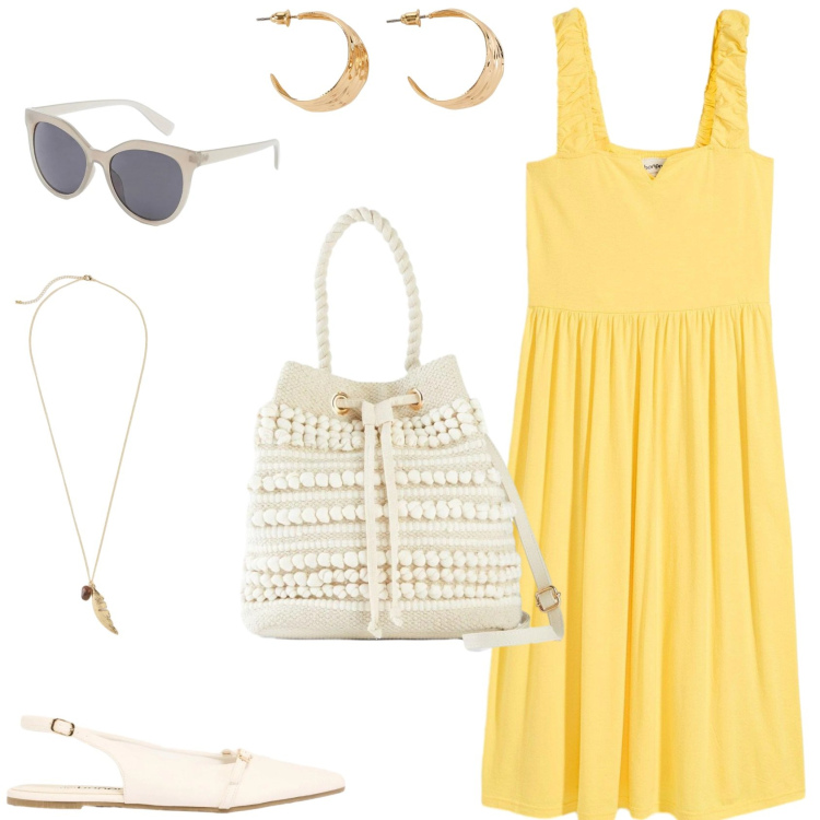Outfit donna - Giallo sole. Stile Basic per Tutti i giorni. Abbinamento con vestiti, ballerine, occhiali da sole, orecchini, collane, borse a secchiello.