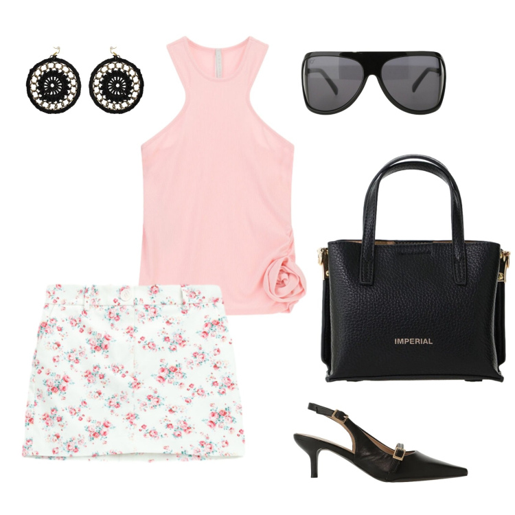Outfit donna - Total look #2430245. Stile Casual chic per Tutti i giorni. Abbinamento con orecchini, occhiali da sole, sandali col tacco, minigonne, borse a tracolla, top.