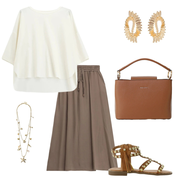 Outfit donna - Total look #2430246. Stile Casual per Tutti i giorni. Abbinamento con bluse, gonne lunghe, borse a secchiello, sandali, collane, orecchini.