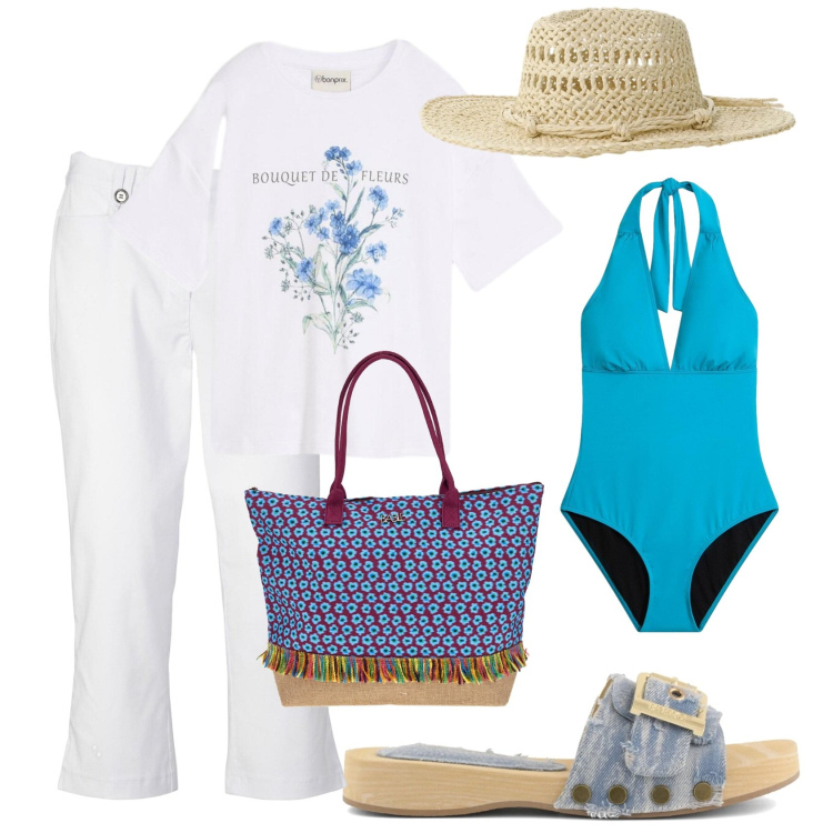 Outfit donna - Total look #2430247. Stile Minimal per Mare. Abbinamento con t-shirt, costumi interi, pantaloni capri, cappelli, ciabatte, borse a spalla.