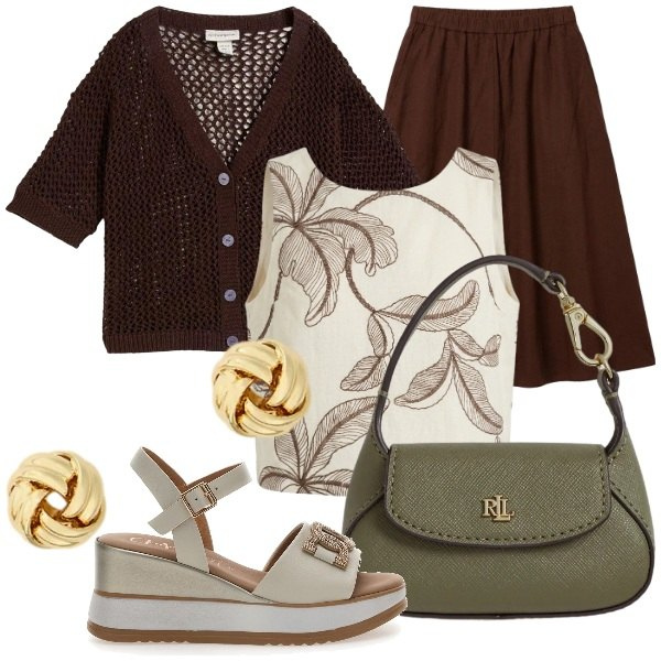 Outfit donna - Summer Style. Stile Casual chic per Tutti i giorni. Abbinamento con cardigans, gonne longuette, top, orecchini, borse a mano, sandali col tacco.