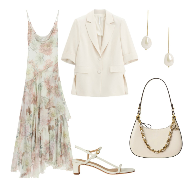 Outfit donna - Total look #2430252. Stile Chic per Cerimonia. Abbinamento con vestiti lunghi, blazer, sandali in pelle, borse a spalla, orecchini.