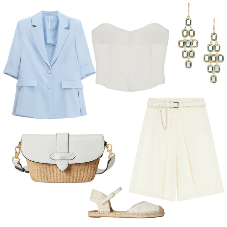 Outfit donna - Total look #2430256. Stile Casual chic per Tutti i giorni. Abbinamento con bermuda, blazer, top, borse a spalla, espadrillas, orecchini.