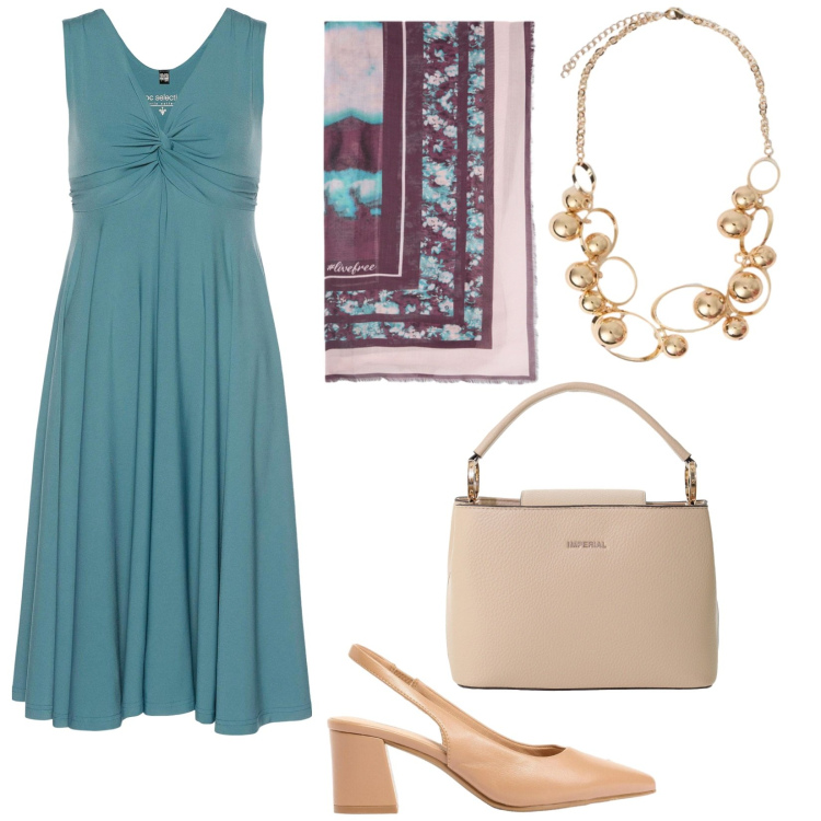 Outfit donna - Cerimonia a luglio. Stile Bon Ton per Cerimonia. Abbinamento con vestiti, décolleté, borse a secchiello, collane, foulard.