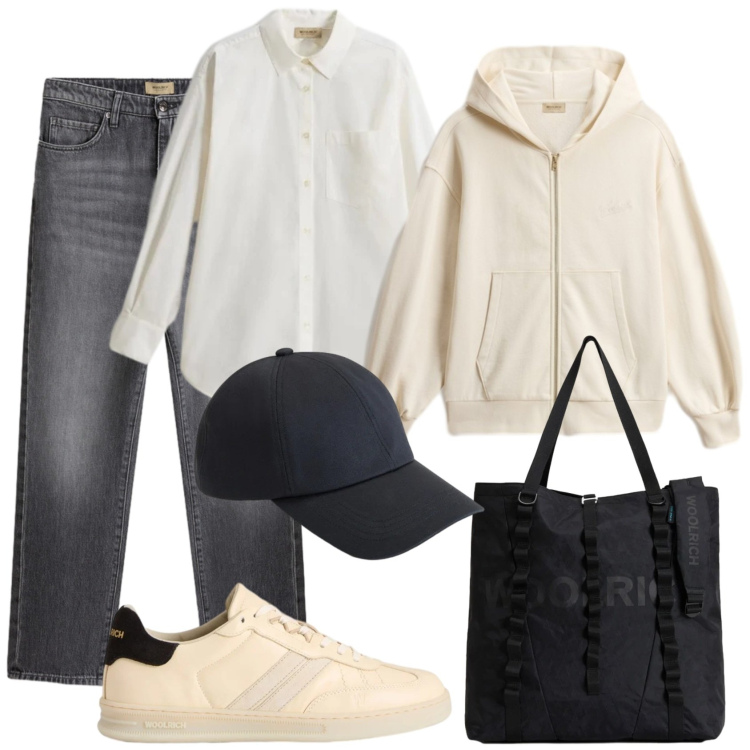 Outfit donna - Total look #2430260. Stile Mannish per Scuola/Università. Abbinamento con jeans, borse tote, cappelli, camicie, felpe con cappuccio, sneakers.