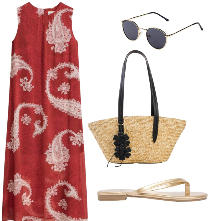 Outfit donna - Bonprix estate. per Mare. Abbinamento con shopping bag, vestiti lunghi, occhiali da sole, sandali.