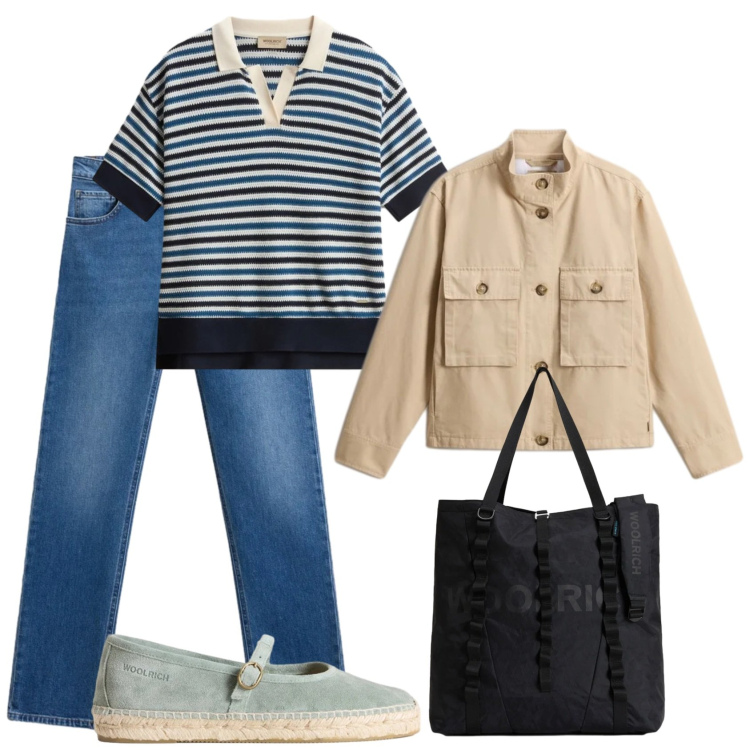Outfit donna - Total look #2430263. Stile Urban per Scuola/Università. Abbinamento con borse tote, espadrillas, blazer, polo, jeans.