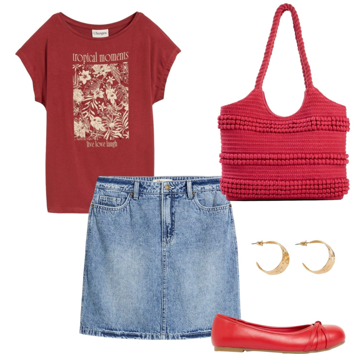 Outfit donna - Total look #2430264. Stile Casual chic per Tutti i giorni. Abbinamento con minigonne, t-shirt, orecchini, shopping bag, ballerine.