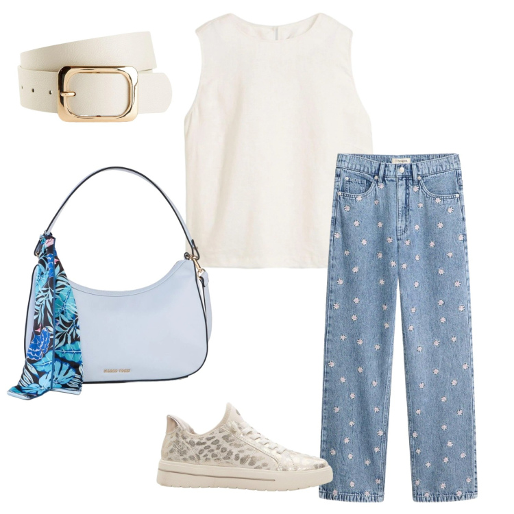 Outfit donna - Total look #2430266. Stile Casual chic per Tutti i giorni. Abbinamento con cinture, sneakers, jeans dritti, borse a mano, canottiere.
