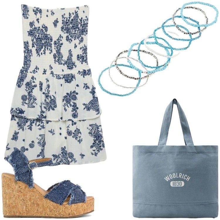 Outfit donna - Fiori e jeans. Stile Boho per Tutti i giorni. Abbinamento con braccialetti, vestiti corti, borse tote, zeppe.