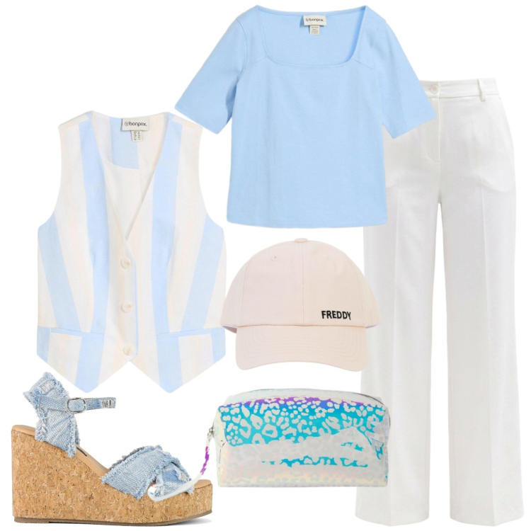 Outfit donna - Total look #2430270. Stile Casual per Tutti i giorni. Abbinamento con t-shirt, gilet, pochette, pantaloni, cappelli con visiera, zeppe.