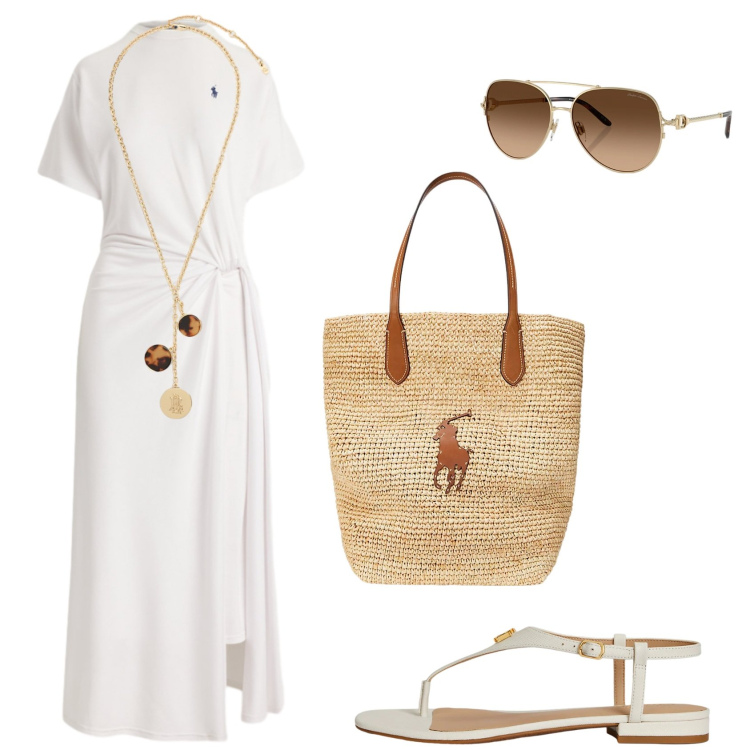 Outfit donna - Lauren per un branch. Stile Casual chic per Cerimonia. Abbinamento con occhiali da sole, borse tote, sandali in pelle, vestiti lunghi, collane.