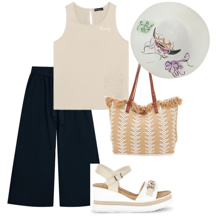 Outfit donna - Sporty Summer. per Tutti i giorni. Abbinamento con pantaloni, top, borse a mano, zeppe, cappelli.