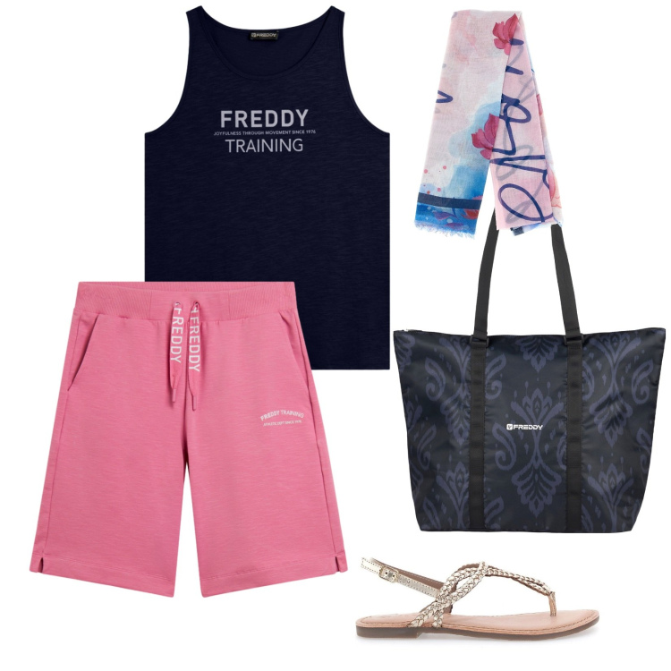 Outfit donna - Sporty Summer. per Mare. Abbinamento con shopping bag, canottiere, pantaloni corti, foulard, sandali.