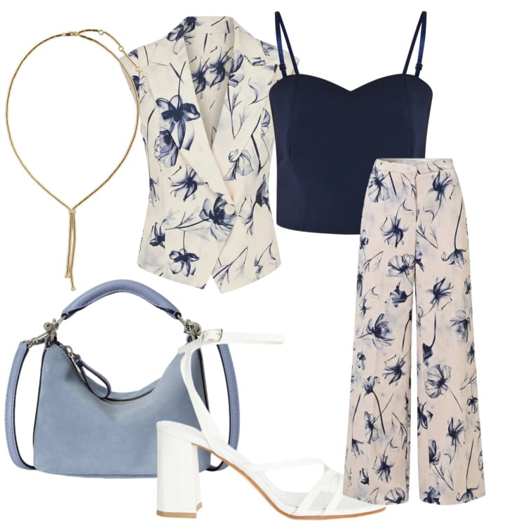 Outfit donna - Summer sale- cerimonia. Stile Trendy per Cerimonia. Abbinamento con pantaloni a palazzo, gilet, top, sandali in pelle, collane, borse a spalla.