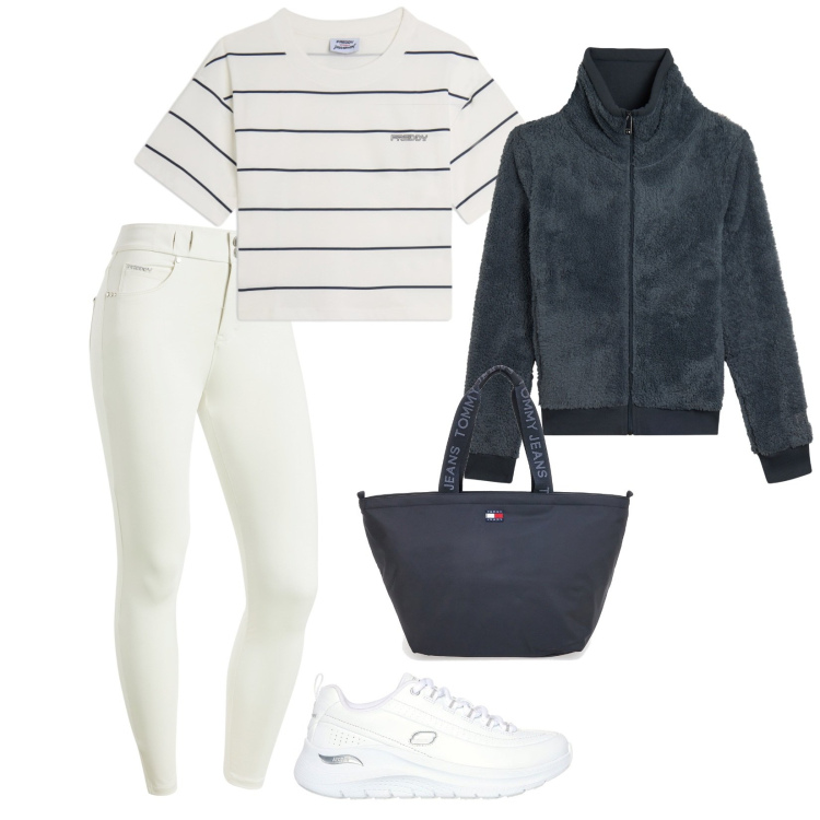 Outfit donna - Summer in barca. per Mare. Abbinamento con felpe, t-shirt, pantaloni skinny, sneakers, borse tote.
