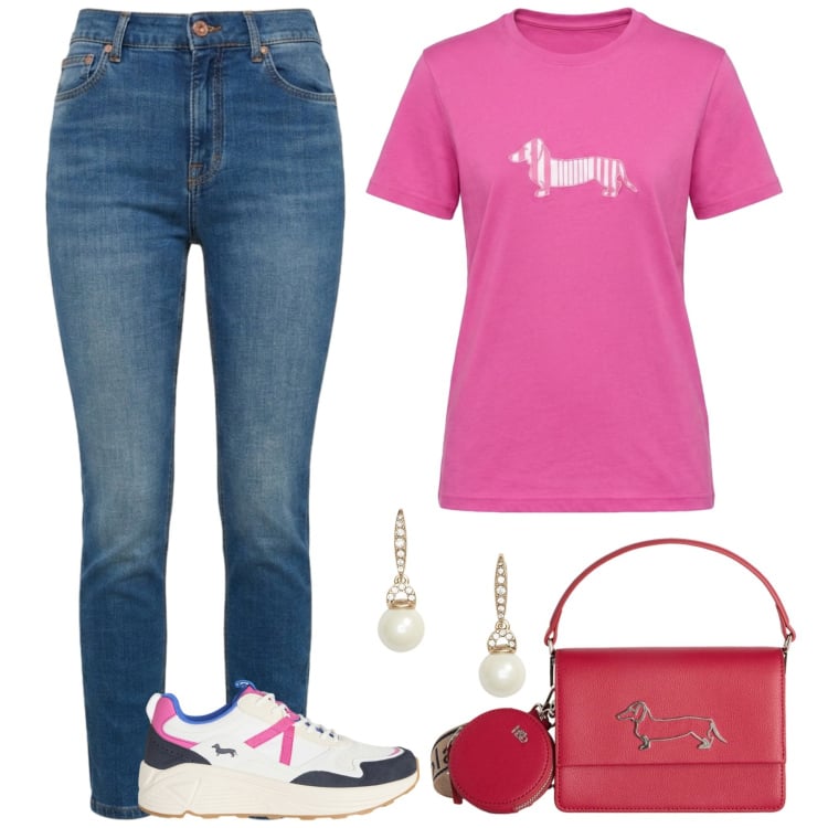 Outfit donna - Shopping. Stile Basic per Tutti i giorni. Abbinamento con sneakers, t-shirt, jeans, borse a tracolla, orecchini.