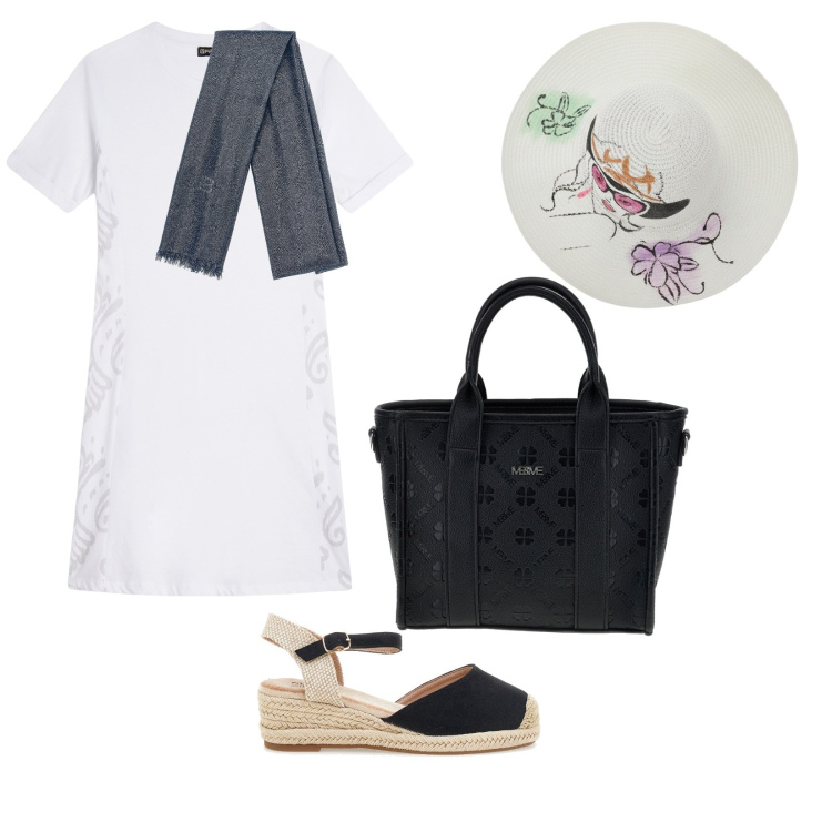 Outfit donna - Sporty Summer. per Tutti i giorni. Abbinamento con vestiti midi/longuette, zeppe, sciarpe, cappelli, borse a tracolla.