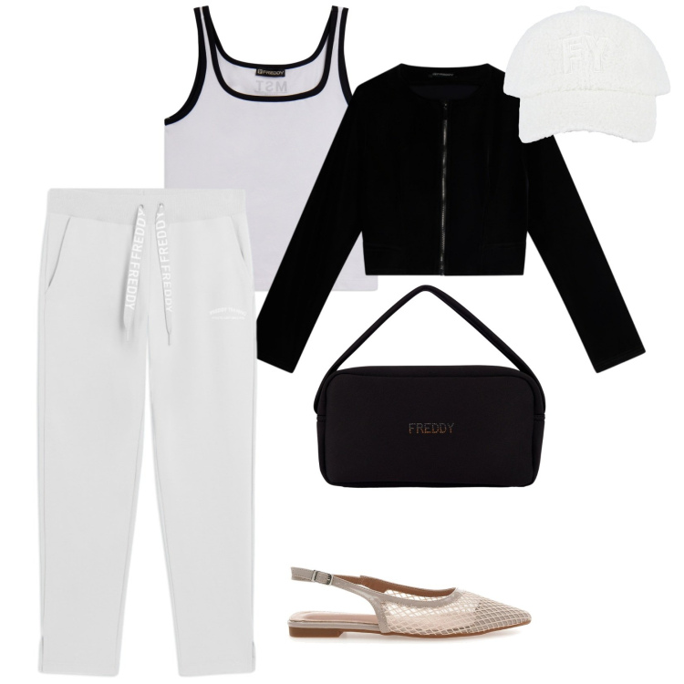 Outfit donna - Sporty Summer. per Serata fuori. Abbinamento con canottiere, cappelli con visiera, borse a mano, pantaloni, blazer, ballerine.