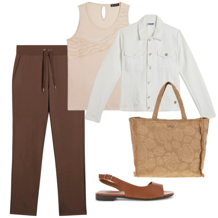 Outfit donna - Sporty Summer. per Tutti i giorni. Abbinamento con canottiere, giacche, pantaloni sportivi, sandali in pelle, shopping bag.