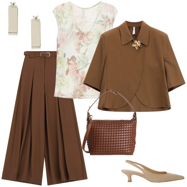 Outfit donna - Da mattina a sera. per Ufficio. Abbinamento con borse a spalla, orecchini, décolleté, top, pantaloni a palazzo, blazer.
