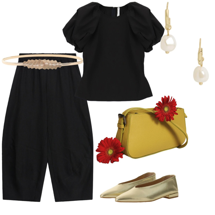 Outfit donna - Italian Summer. per Serata fuori. Abbinamento con pantaloni, bluse, ballerine, borse a spalla, cinture, orecchini.